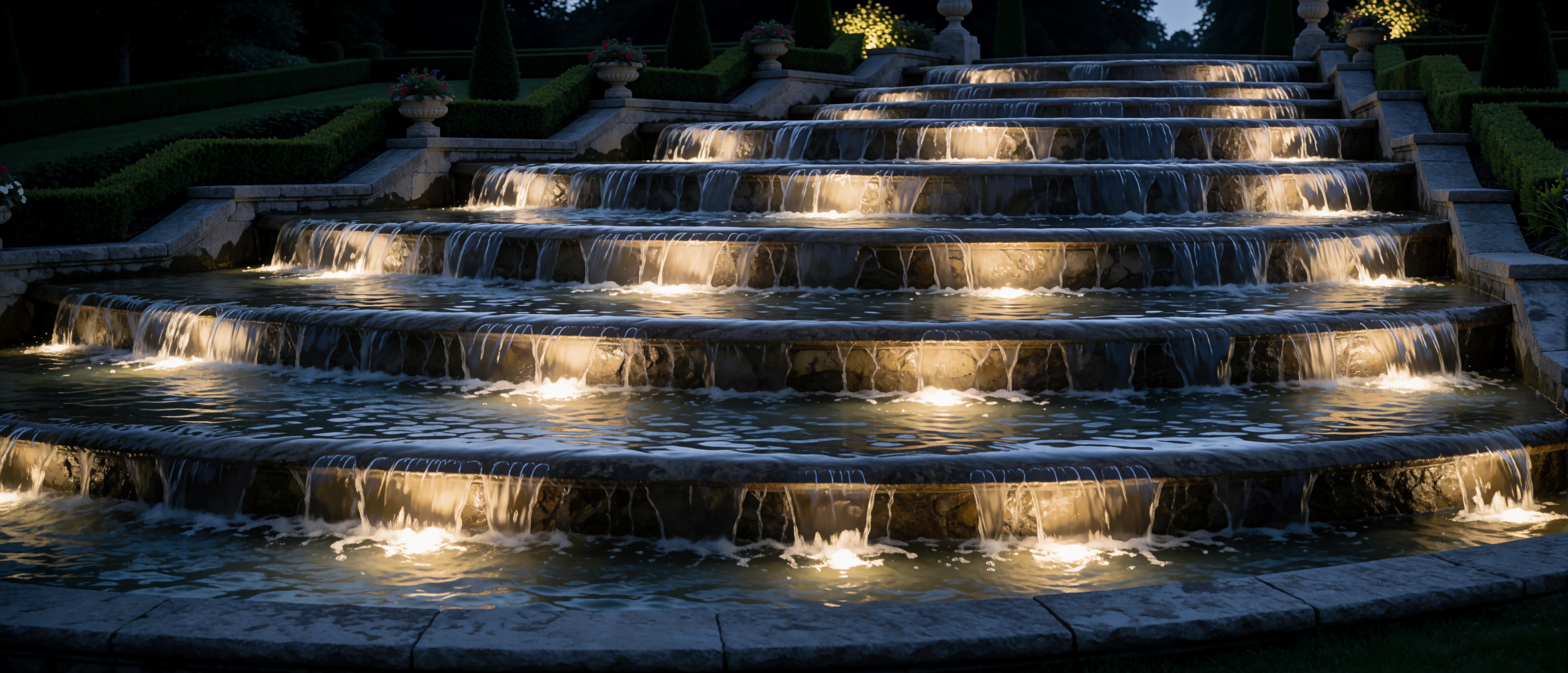 tiered-garden-cascade-fountain-dusk-formal-ultrawide