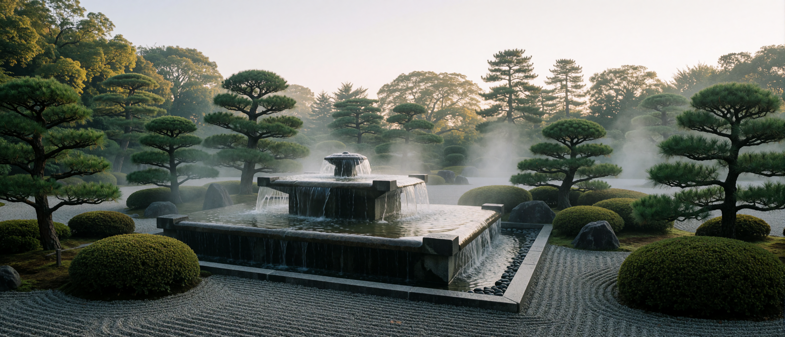 tokyo-imperial-garden-stone-fountain-dawn-mist-ultrawide