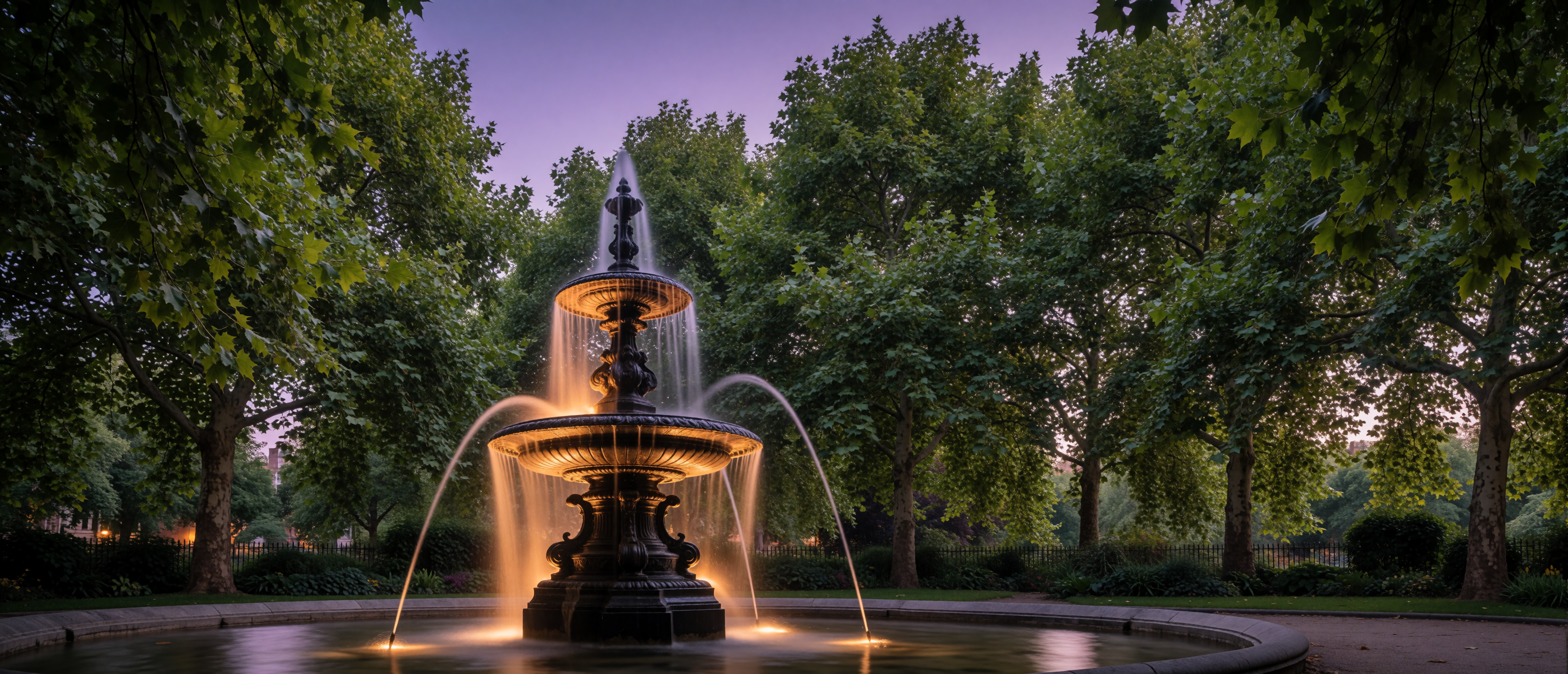 victorian-cast-iron-fountain-london-square-dusk-ultrawide