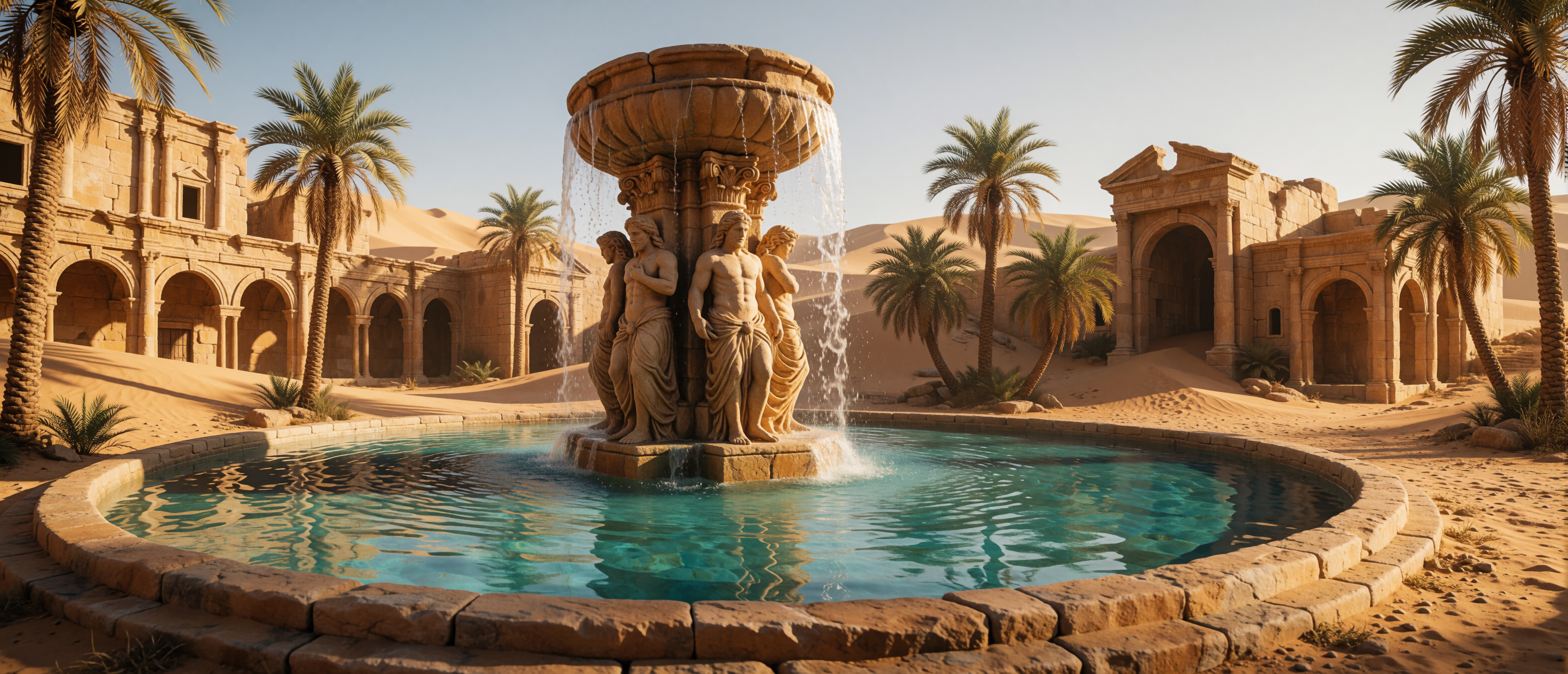 fantasy-desert-oasis-fountain-sandstone-turquoise-ultrawide