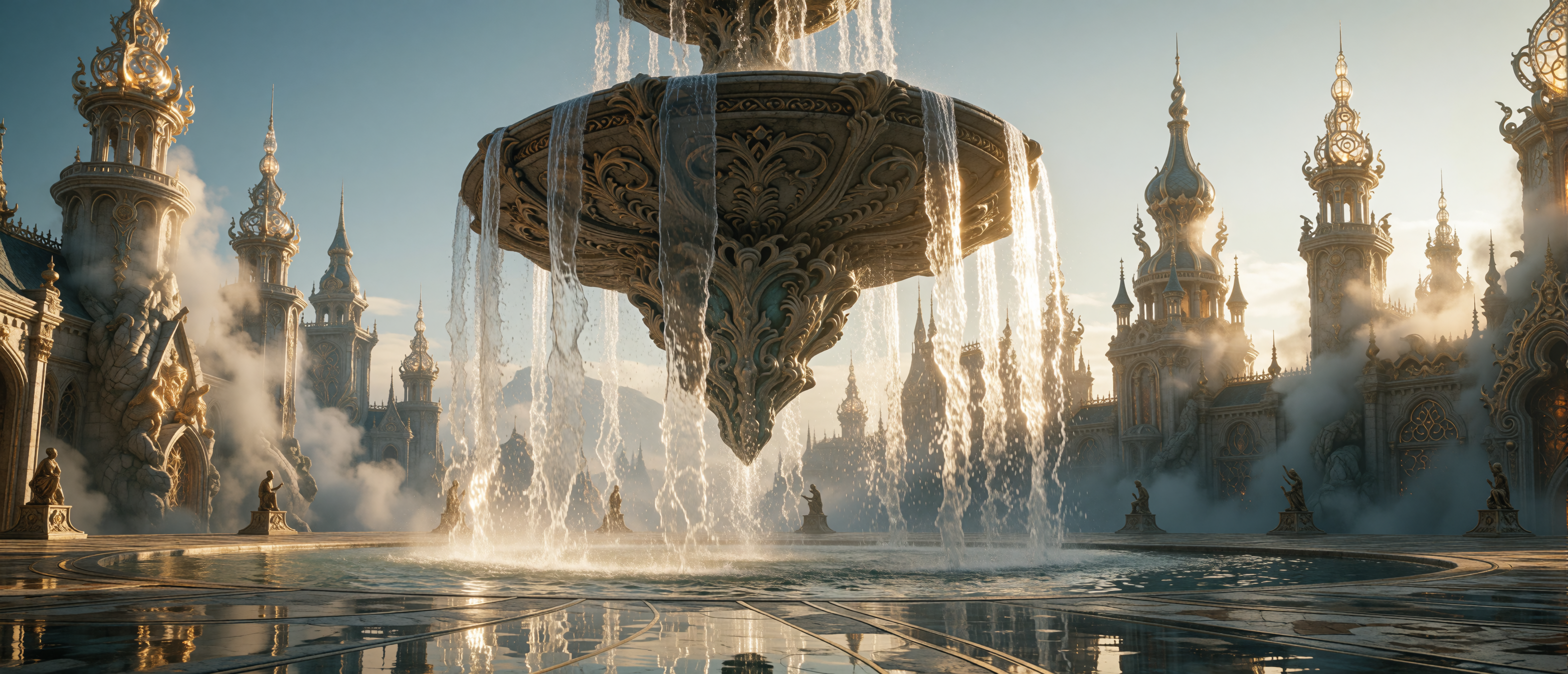 fantasy-floating-fountain-city-plaza-cascade-golden-ultrawide