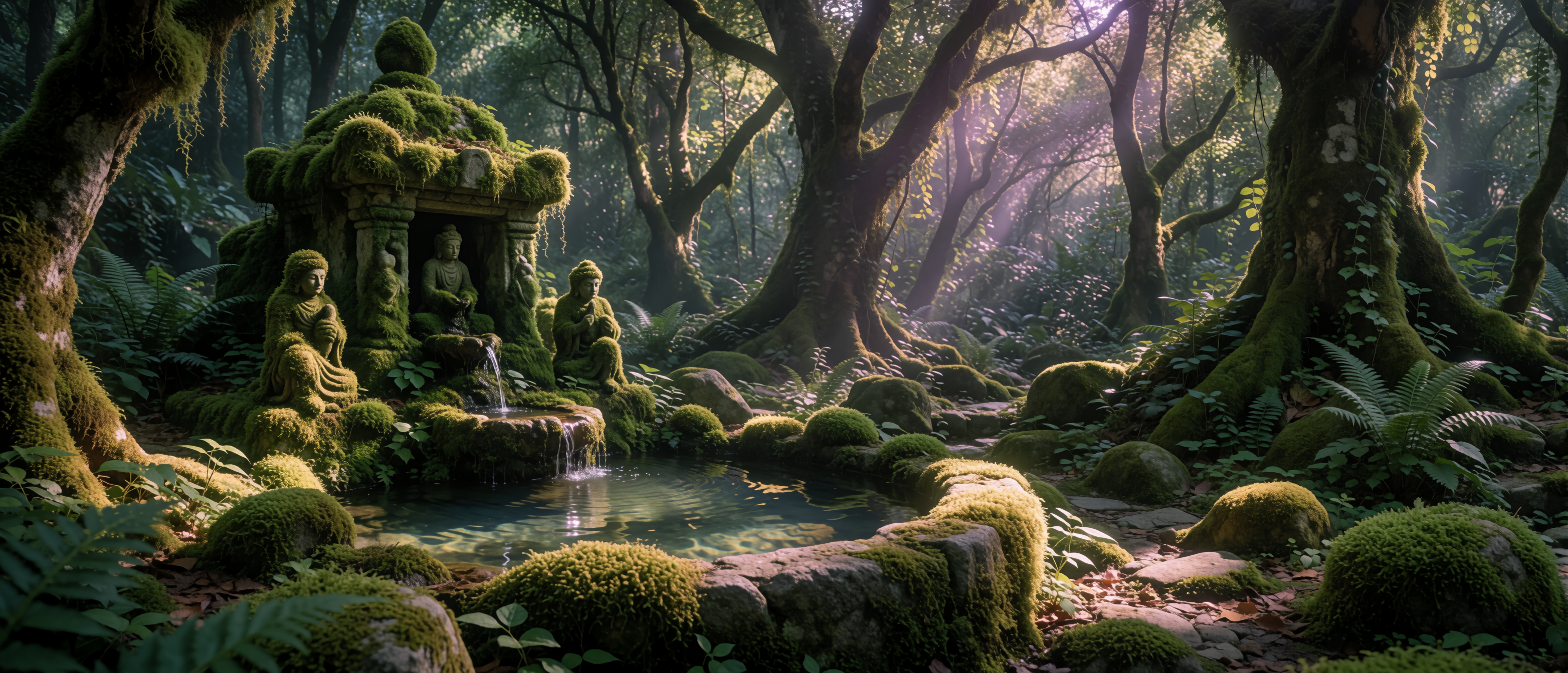 fantasy-forest-shrine-fountain-moss-stone-enchanted-ultrawide