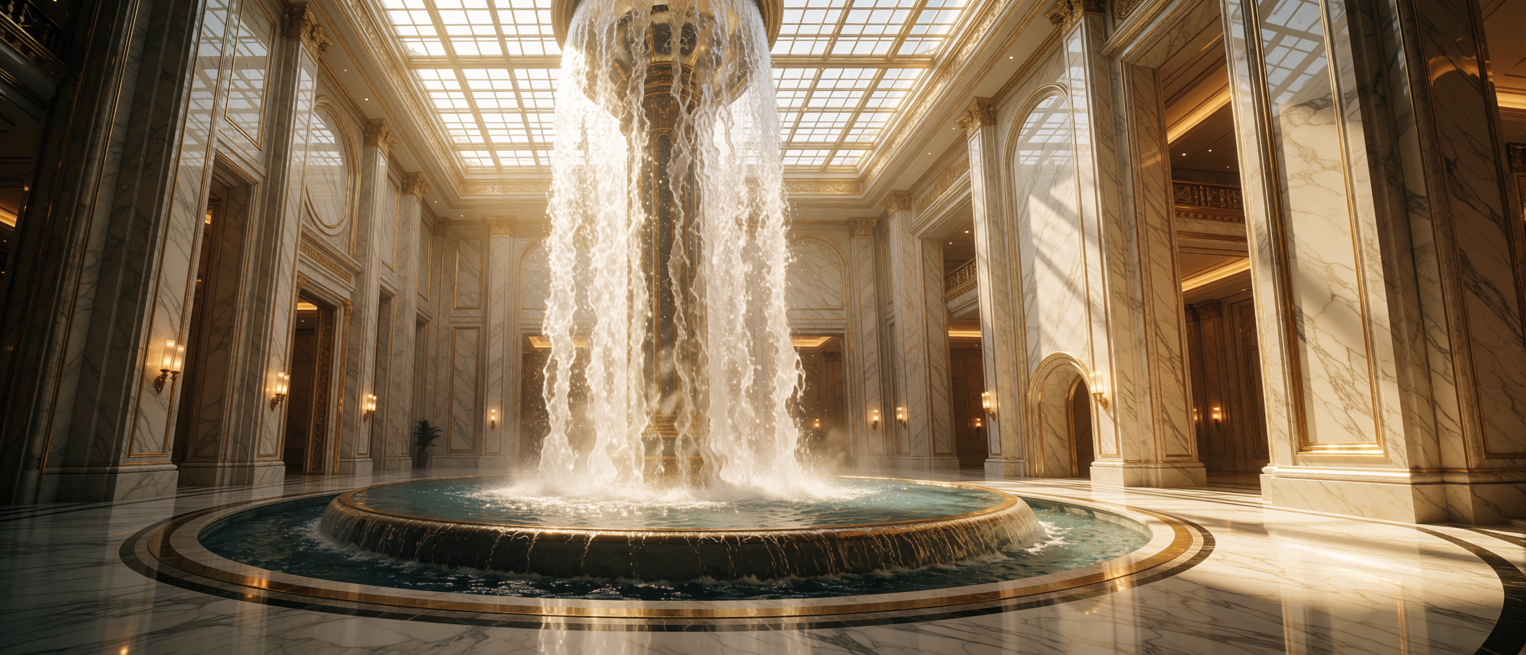 fantasy-grand-atrium-fountain-marble-soaring-golden-ultrawide