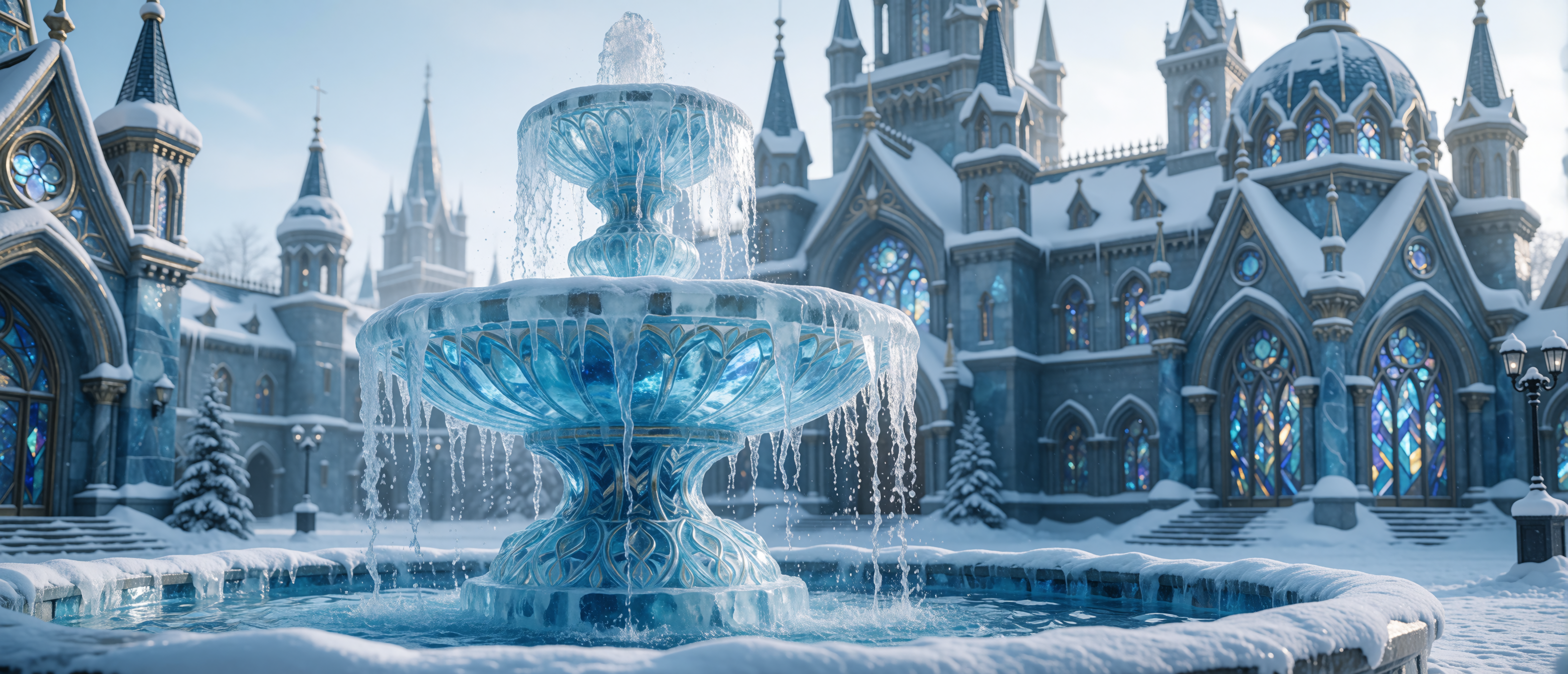 fantasy-ice-fountain-glacial-blue-winter-city-ultrawide