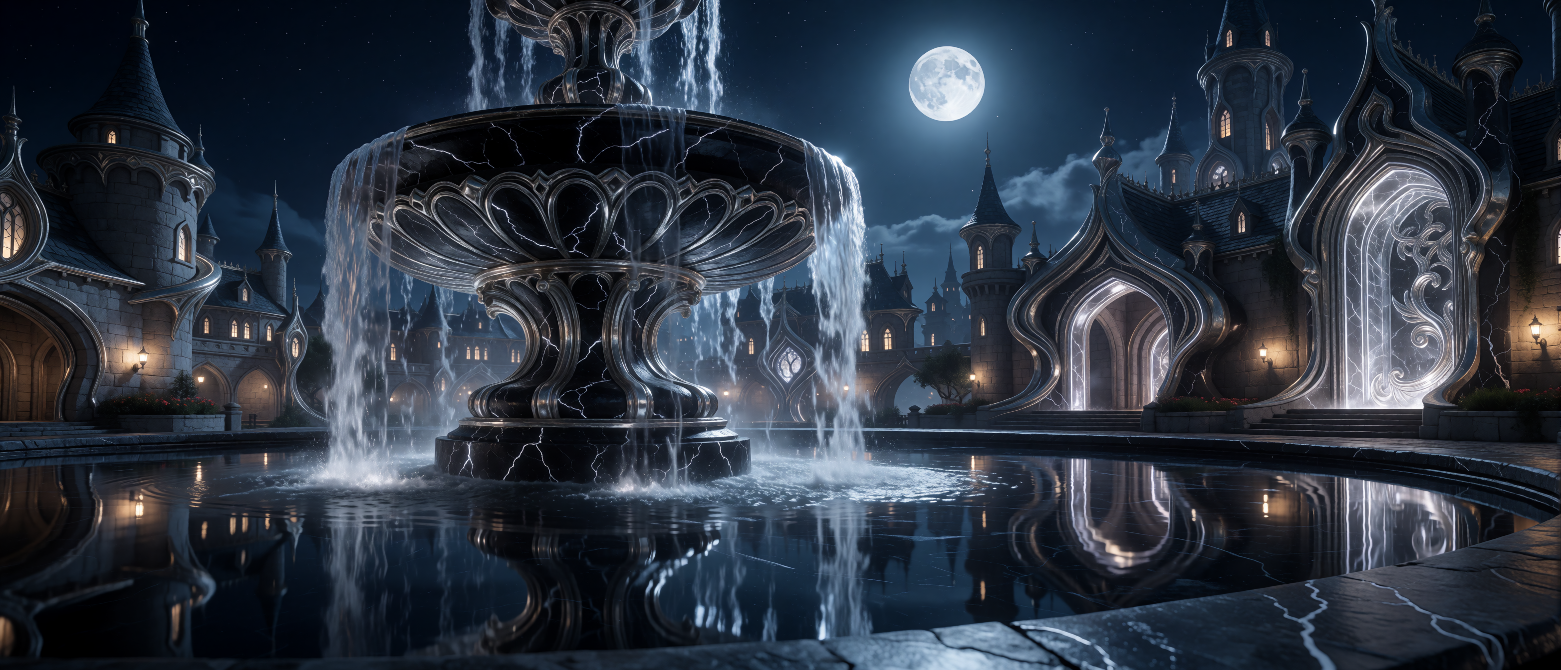 fantasy-moonlit-fountain-dark-stone-silver-water-ultrawide