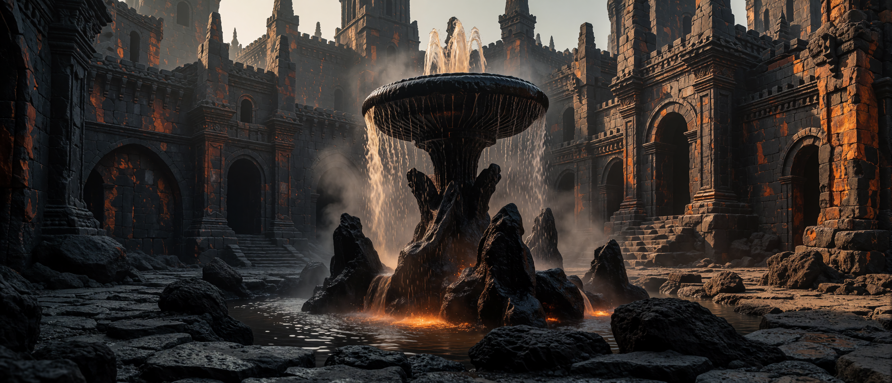 fantasy-volcanic-obsidian-fountain-ancient-city-ultrawide